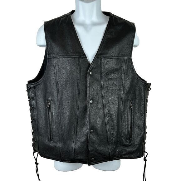 Mens First Classics Black Leather Snap Front Side Lace Motorcycle Vest Size XL - Picture 7 of 14